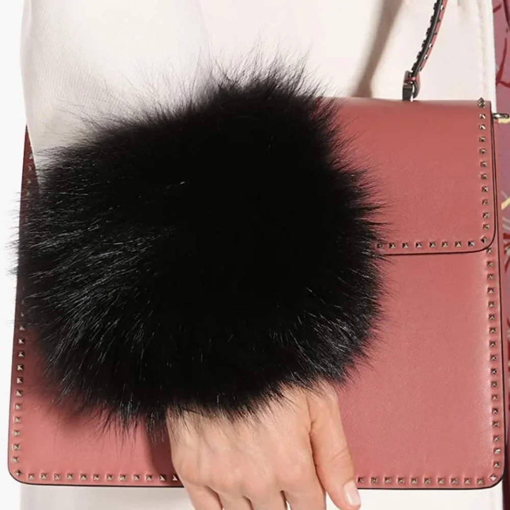 Black Fuzzy Faux Fur Pom Pom‎ Wrist Cuffs Furry Bands Arm Warmers